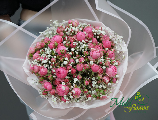 Bouquet of pink bush roses and gypsophila photo